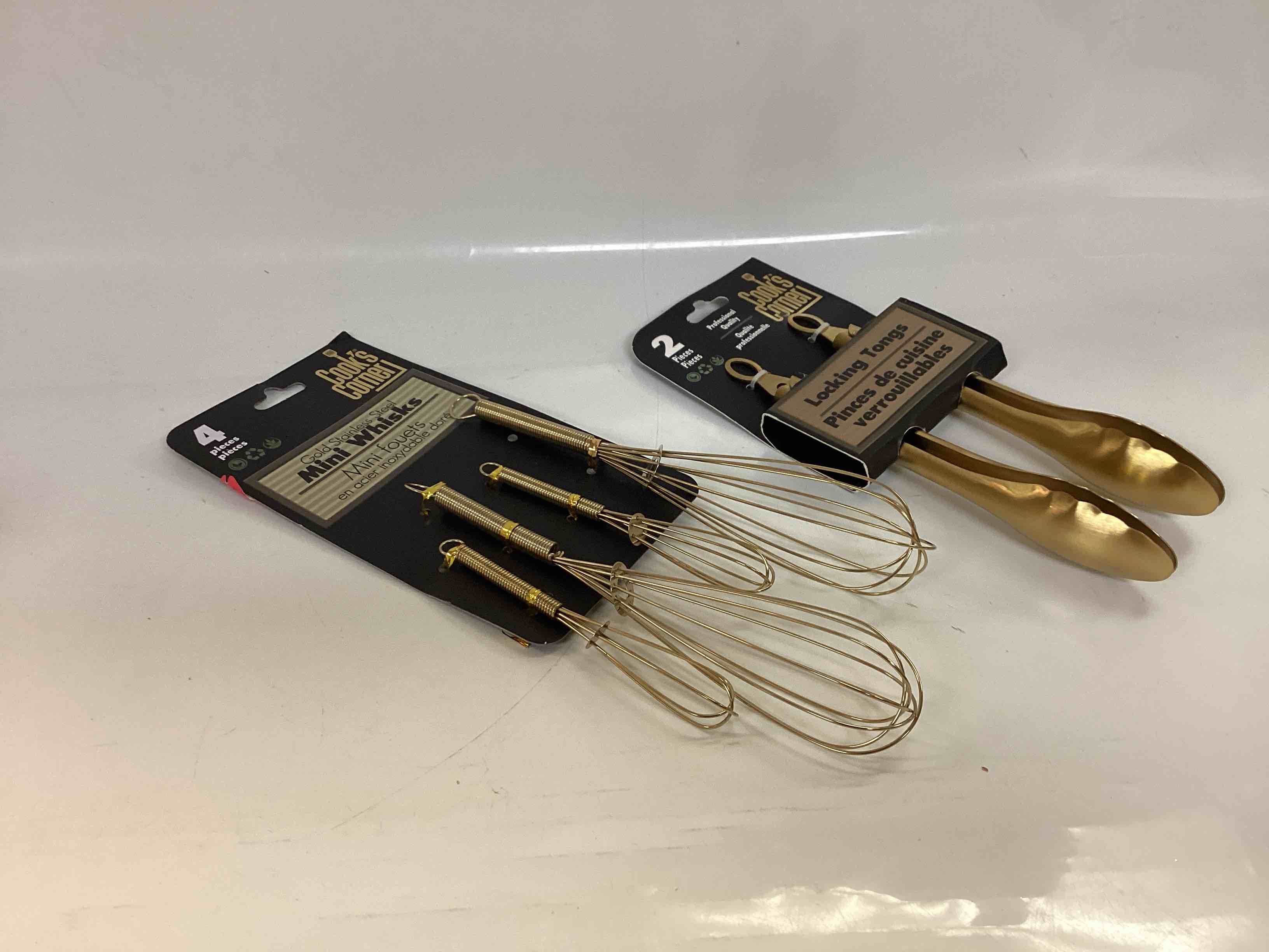 Cooks Corner Gold Kitchen Utensil Set - Includes: 2 Mini Whisks, 2 Medium Whisks, and 2 Locking Tongs