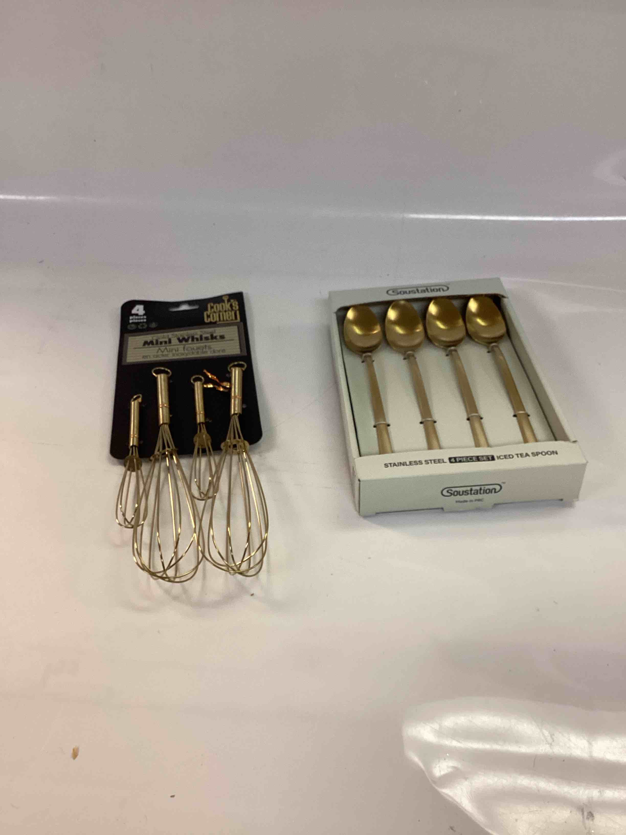 Gold Kitchen Utensil Set - 2 Small Whisks, 2 Medium Whisks, 4 Ice Tea Spoons