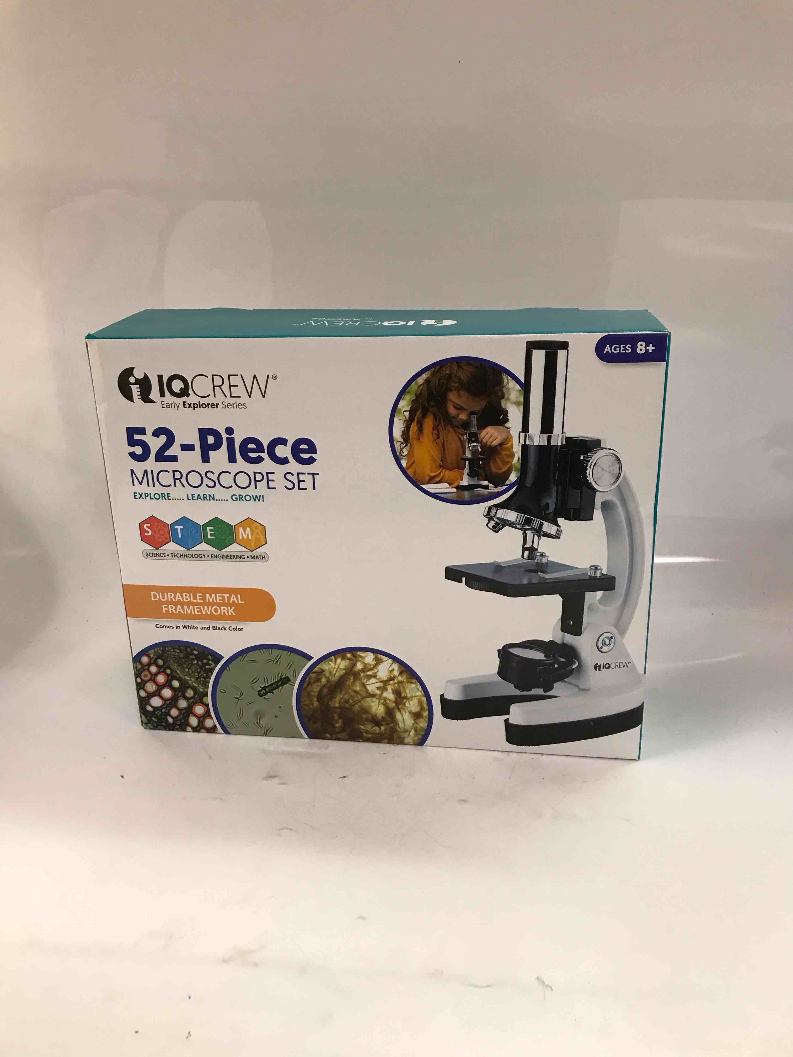 amscope 120x-1200x 52-pcs beginner microscope stem kit with metal body microscope, plastic slides, led light and carrying box (m30-abs-kt2-w),white