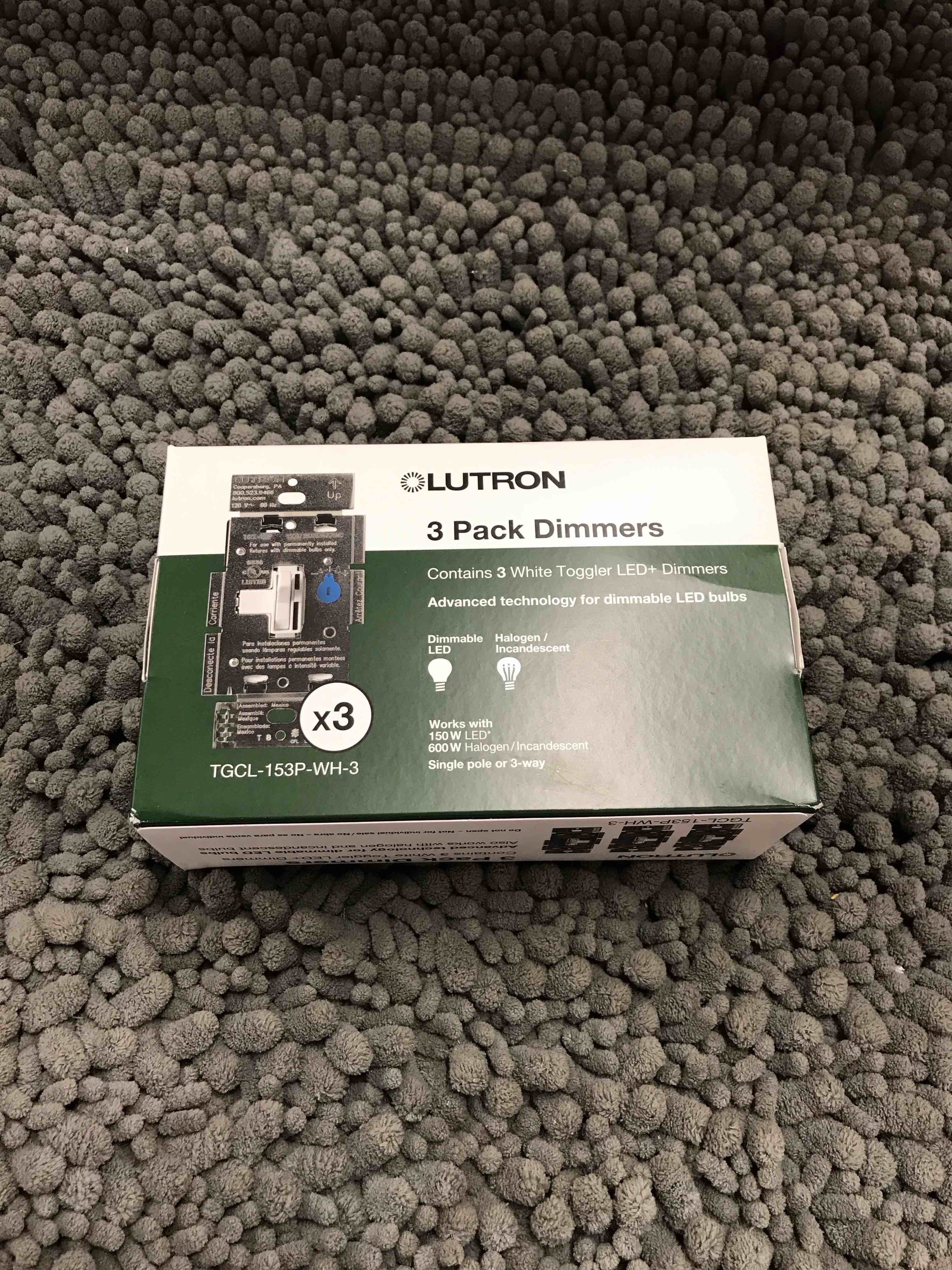 Condition photo showing New/Like New for lutron toggler led+ dimmer switch for dimmable led, halogen and incandescent bulbs, 150 watt, single-pole or 3-way, tgcl-153p-wh-3, white, 3 pack
