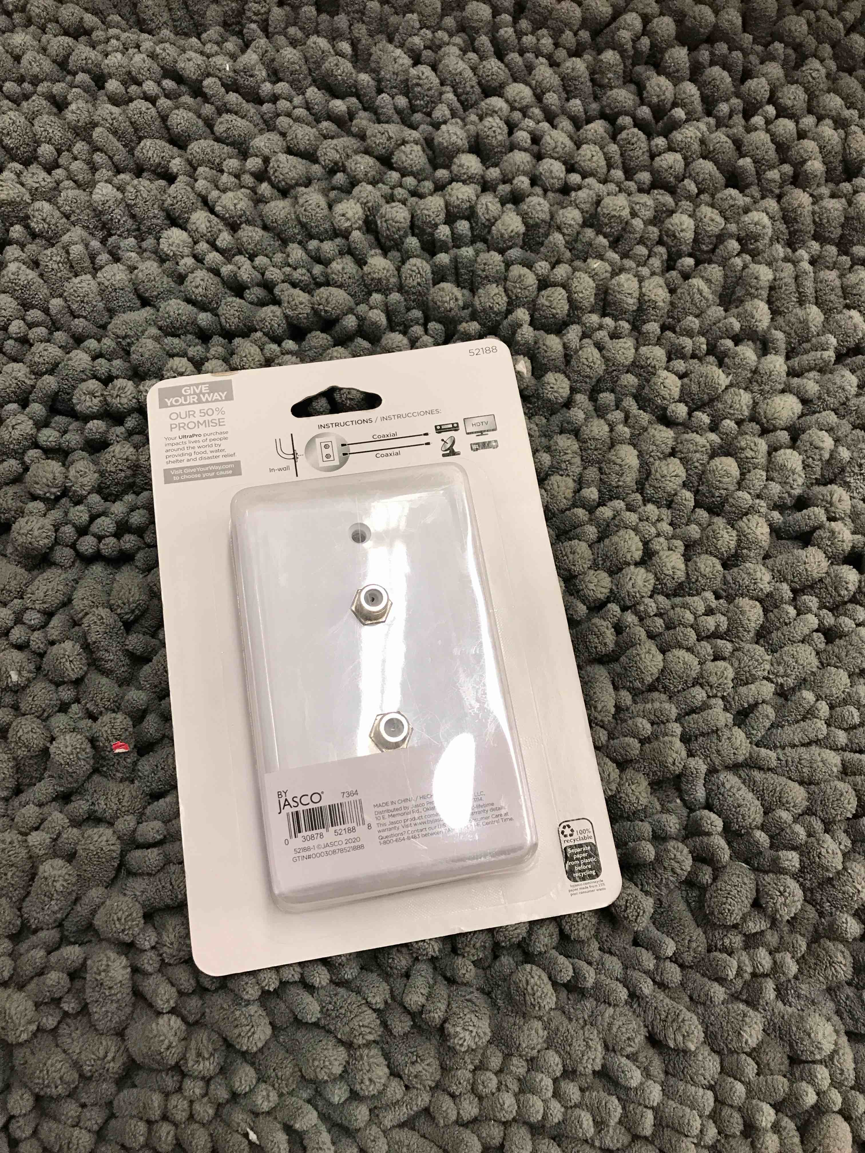 Condition photo showing New/Like New for ultrapro 2-port tv coaxial cable wall plate, white, 1 pack, dual port single gang f-type connector, in-wall, 52188