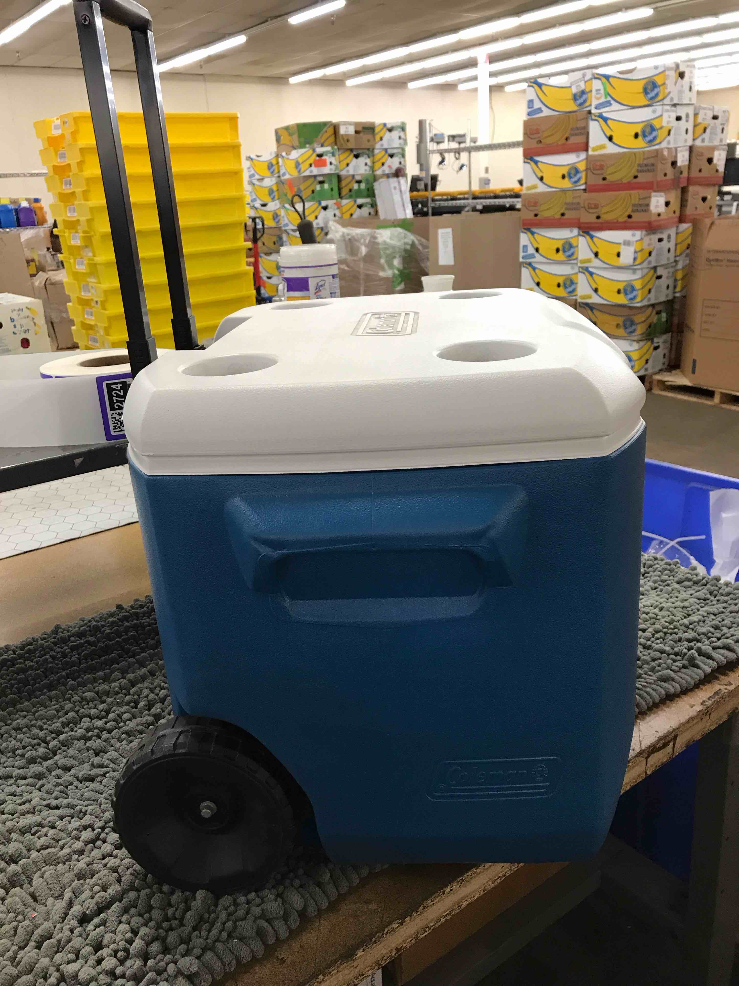 Condition photo showing New/Like New for coleman chiller series 60qt wheeled portable cooler insulated hard cooler with ice retention & heavy-duty wheels & handle great for camping tailgating beach picnic groceries boating & more
