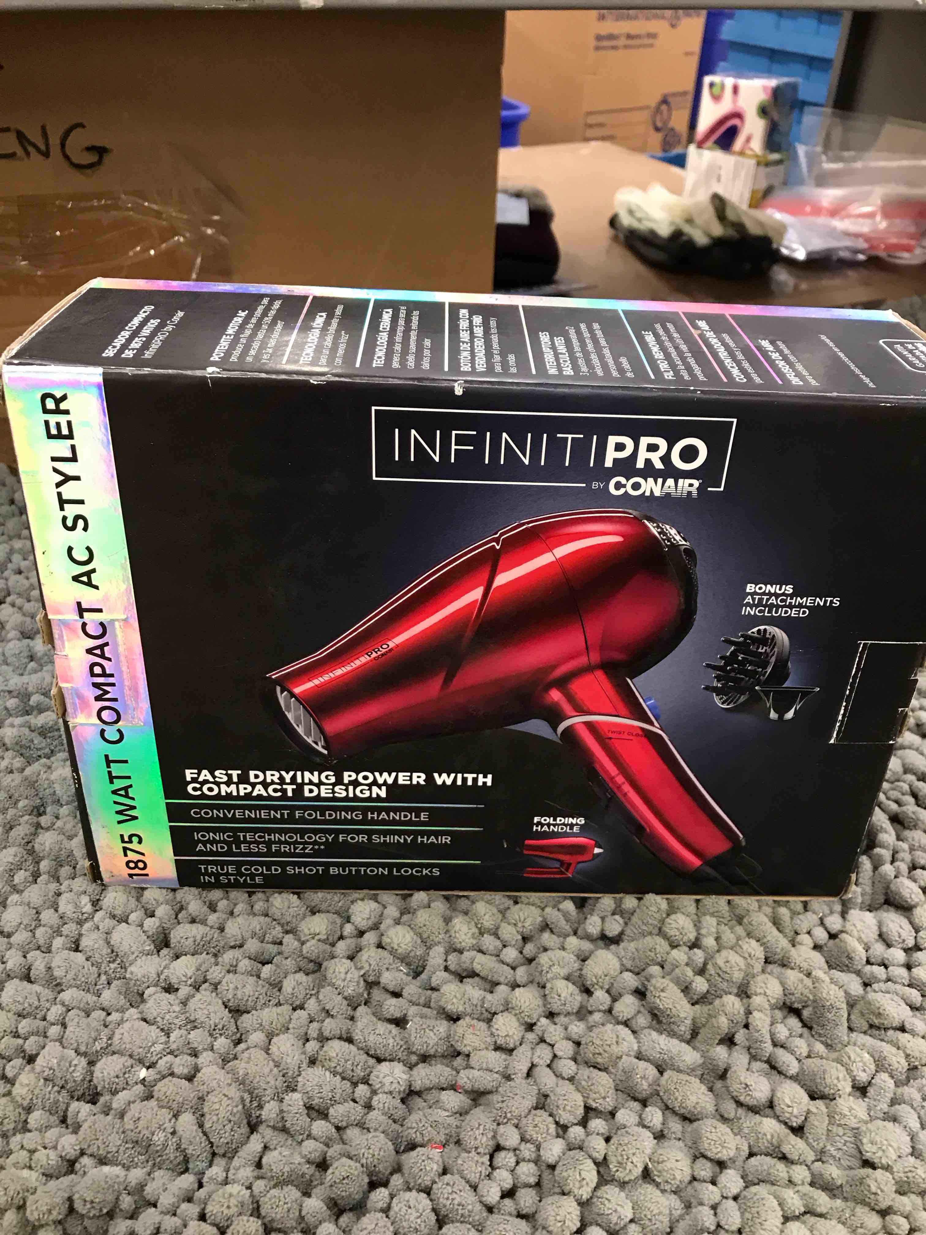 Condition photo showing New/Like New for infinitipro by conair travel hair dryer, 1875w compact travel hair dryer with twist folding handle, conair blow dryer, red