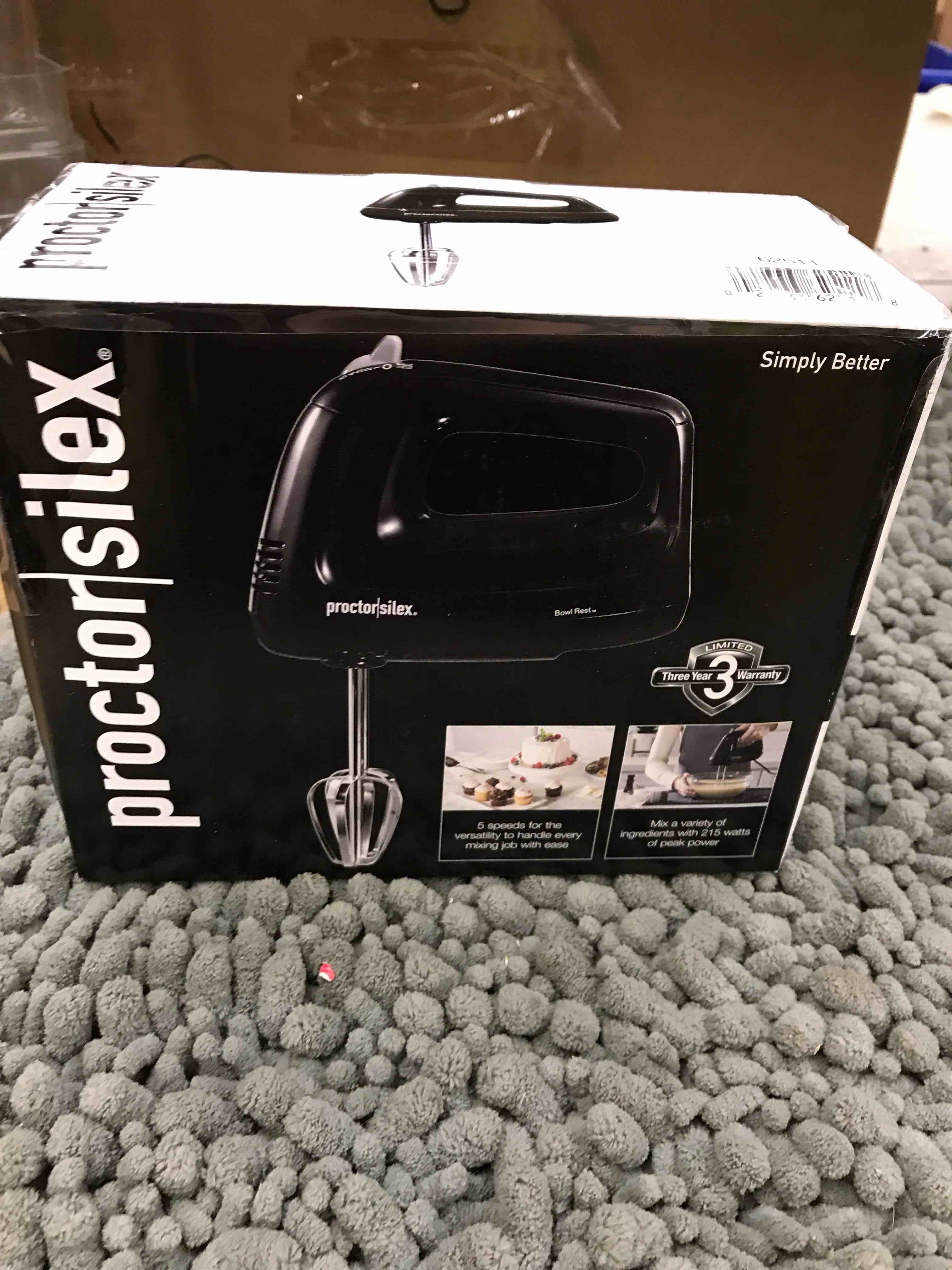 Condition photo showing New/Like New for proctor silex easy mix 5-speed electric hand mixer with bowl rest, compact and lightweight, 215 watts of peak power, black (62511)