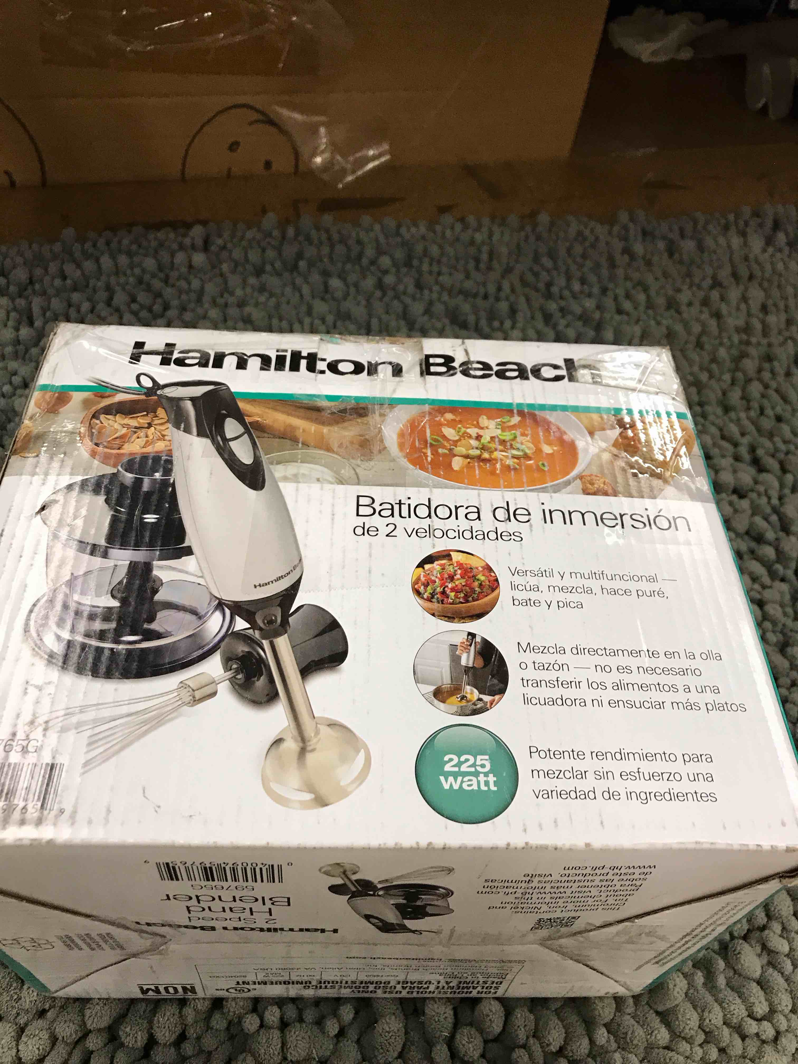 Condition photo showing New/Like New for hamilton beach 4-in-1 electric immersion hand blender with handheld blending stick, whisk + 3-cup food & vegetable chopper bowl, 2-speeds, 225 watts, silver and stainless steel (59765)