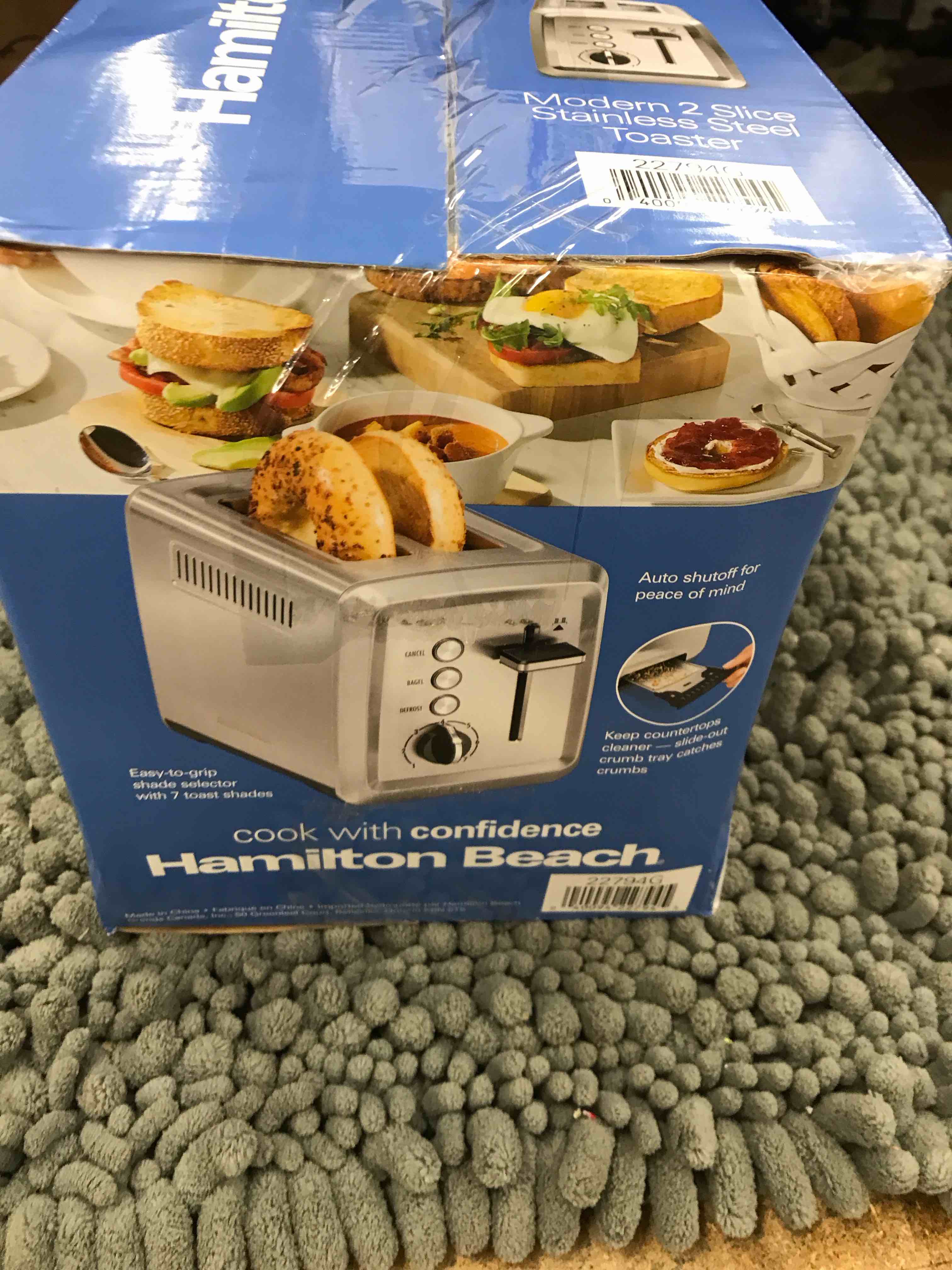 Condition photo showing New/Like New for hamilton beach 2 slice toaster with extra-wide slots, bagel setting, toast boost, slide-out crumb tray, auto-shutoff & cancel button, defrost function, stainless steel (22794)