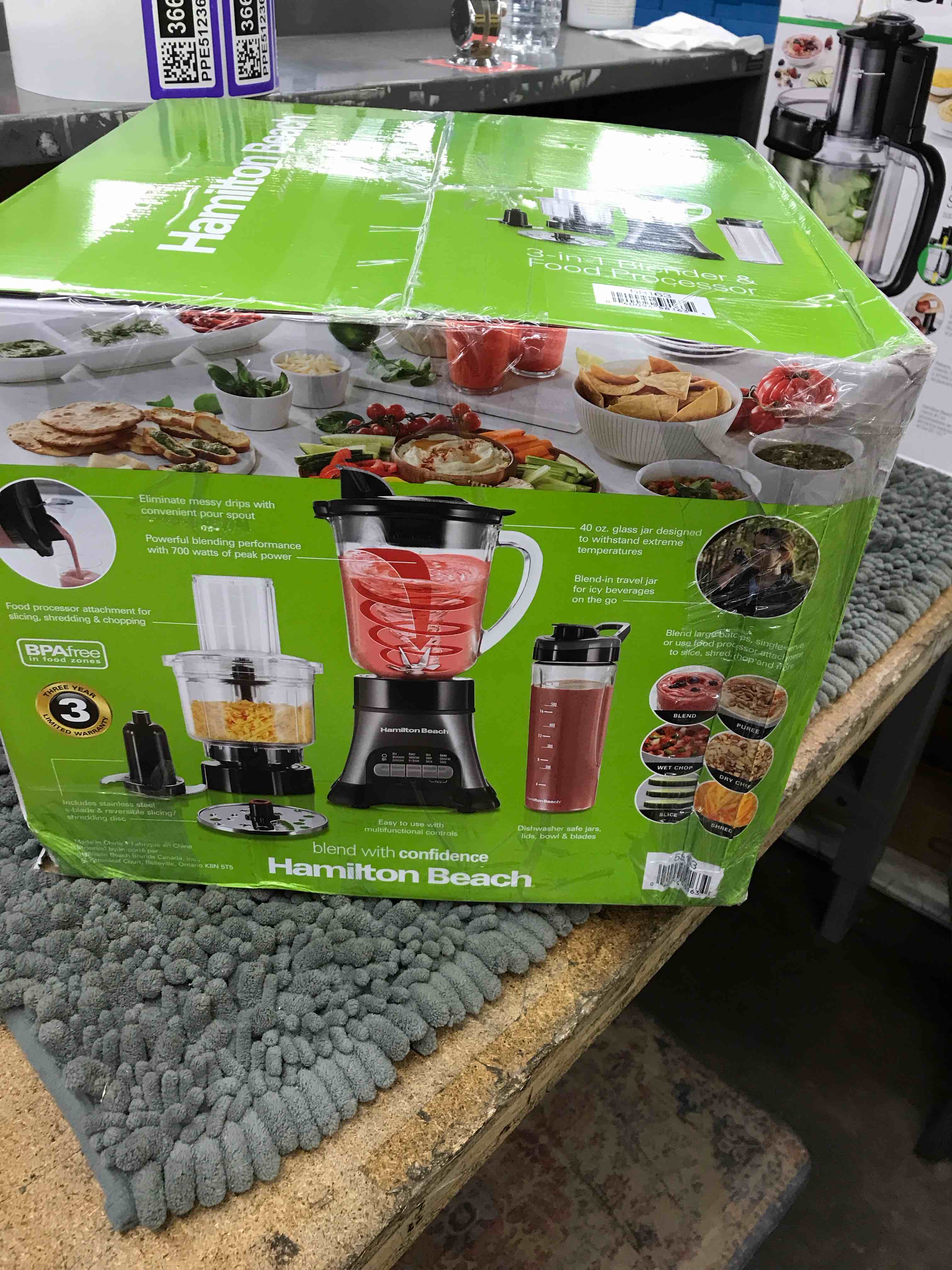 Condition photo showing New/Like New for hamilton beach blender for shakes and smoothies & food processor combo, with 40oz glass jar, portable blend-in travel cup & 3 cup electric food chopper attachment, 700 watts, gray & black (58163)