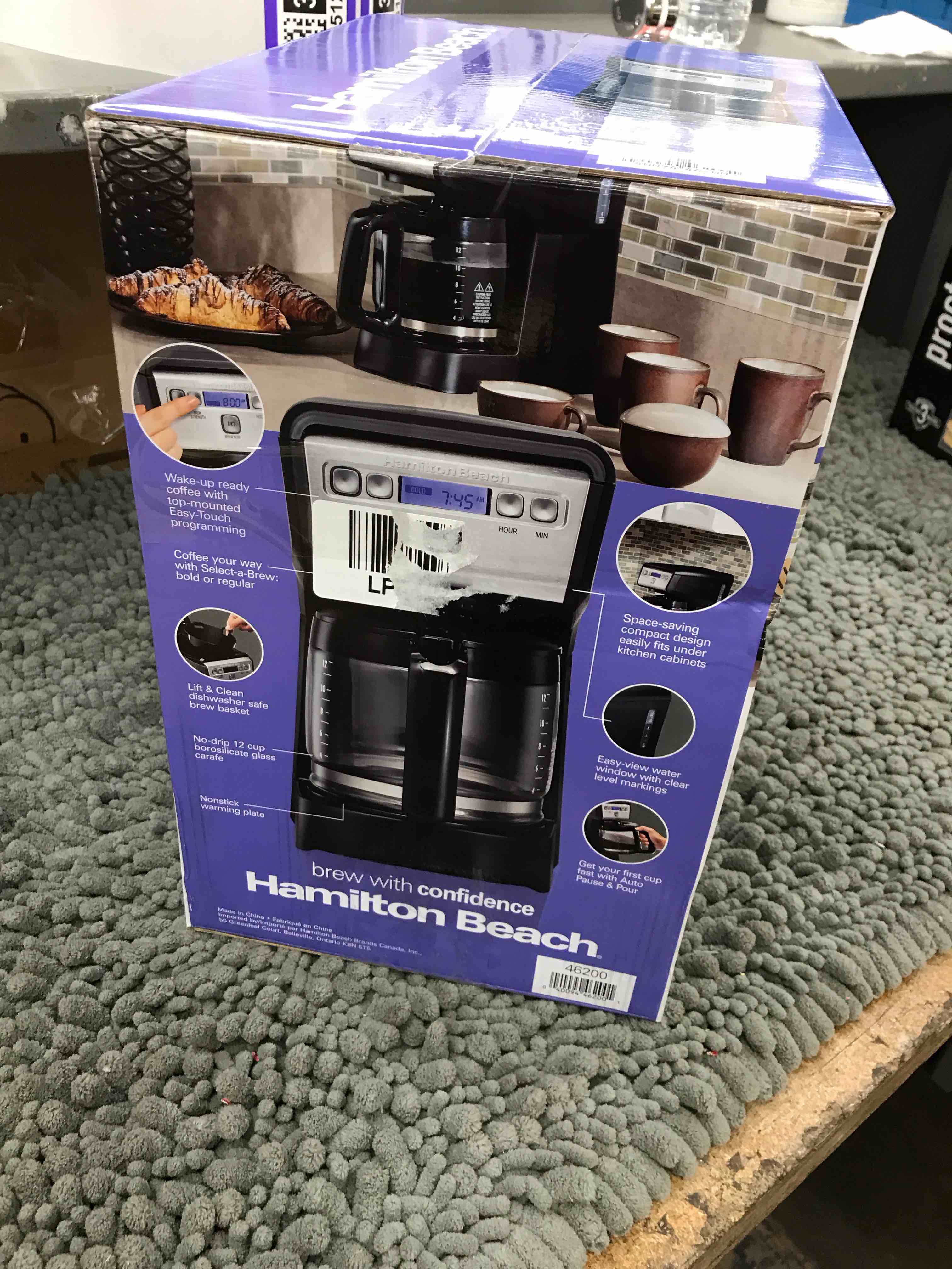 Condition photo showing New/Like New for hamiton beach 12 cup compact programmable drip coffee maker with no-drip burosilicate glass carafe, 2-hour auto shutoff, space-saving design, black with stainless steel accents (46200)