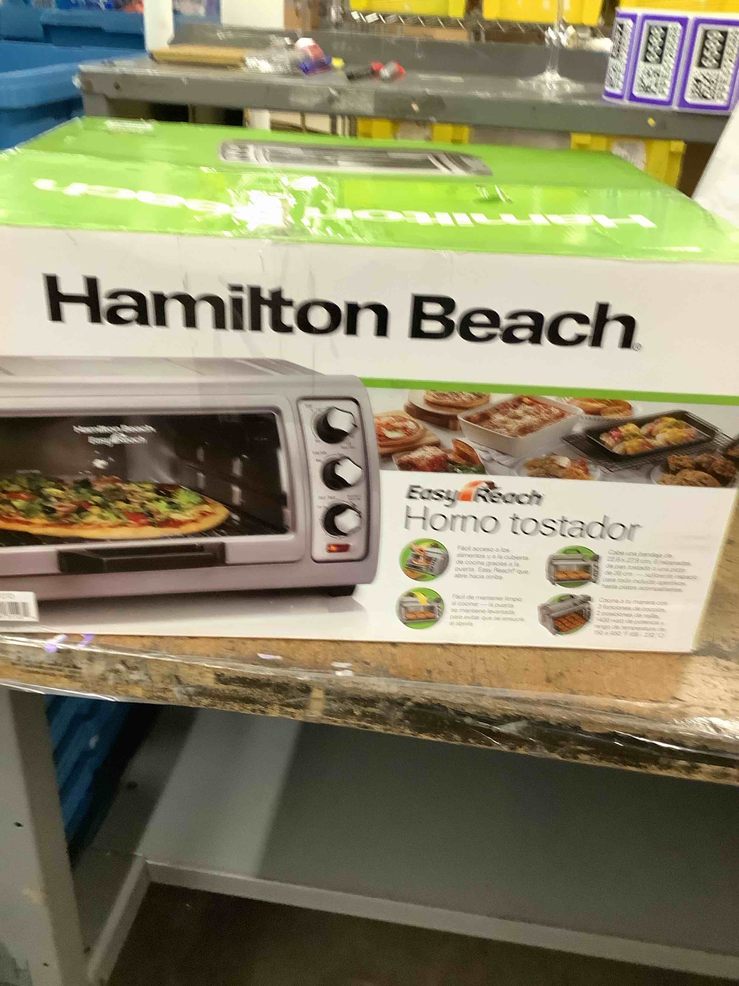 hamilton beach 6 slice countertop toaster oven with easy reach roll-top door, bake, broil & toast functions, auto shutoff, silver (31127d)