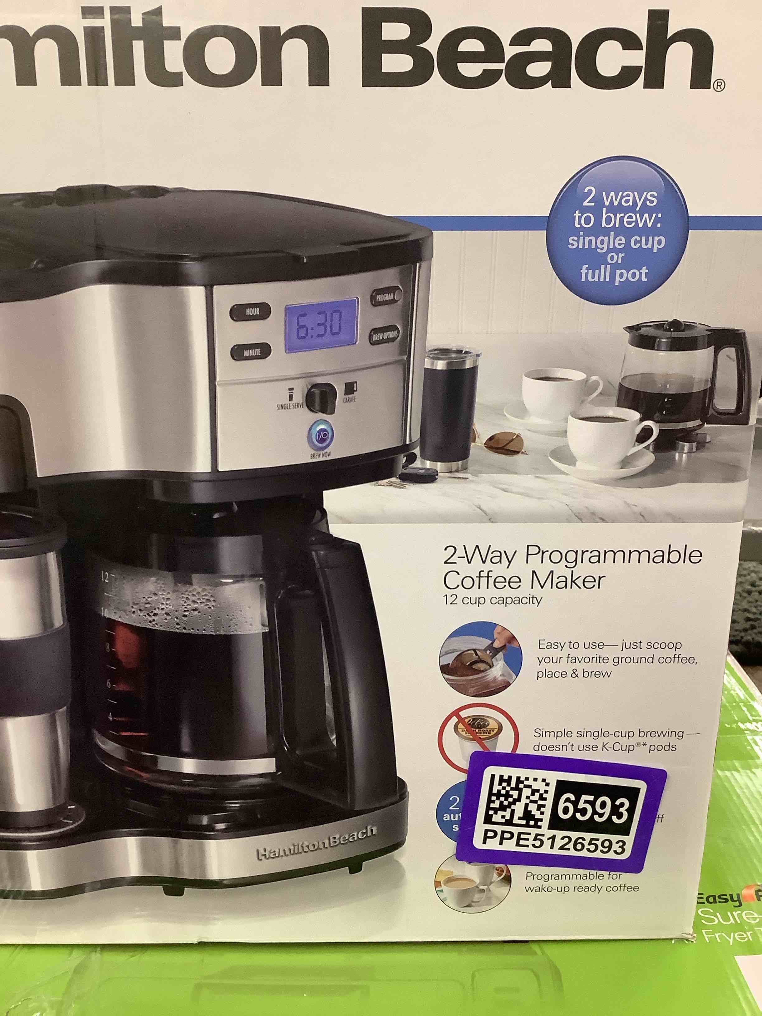 Condition photo showing Good Condition for hamilton beach 2-way 12 cup programmable drip coffee maker & single serve machine, glass carafe, auto pause and pour, black (49980r)
