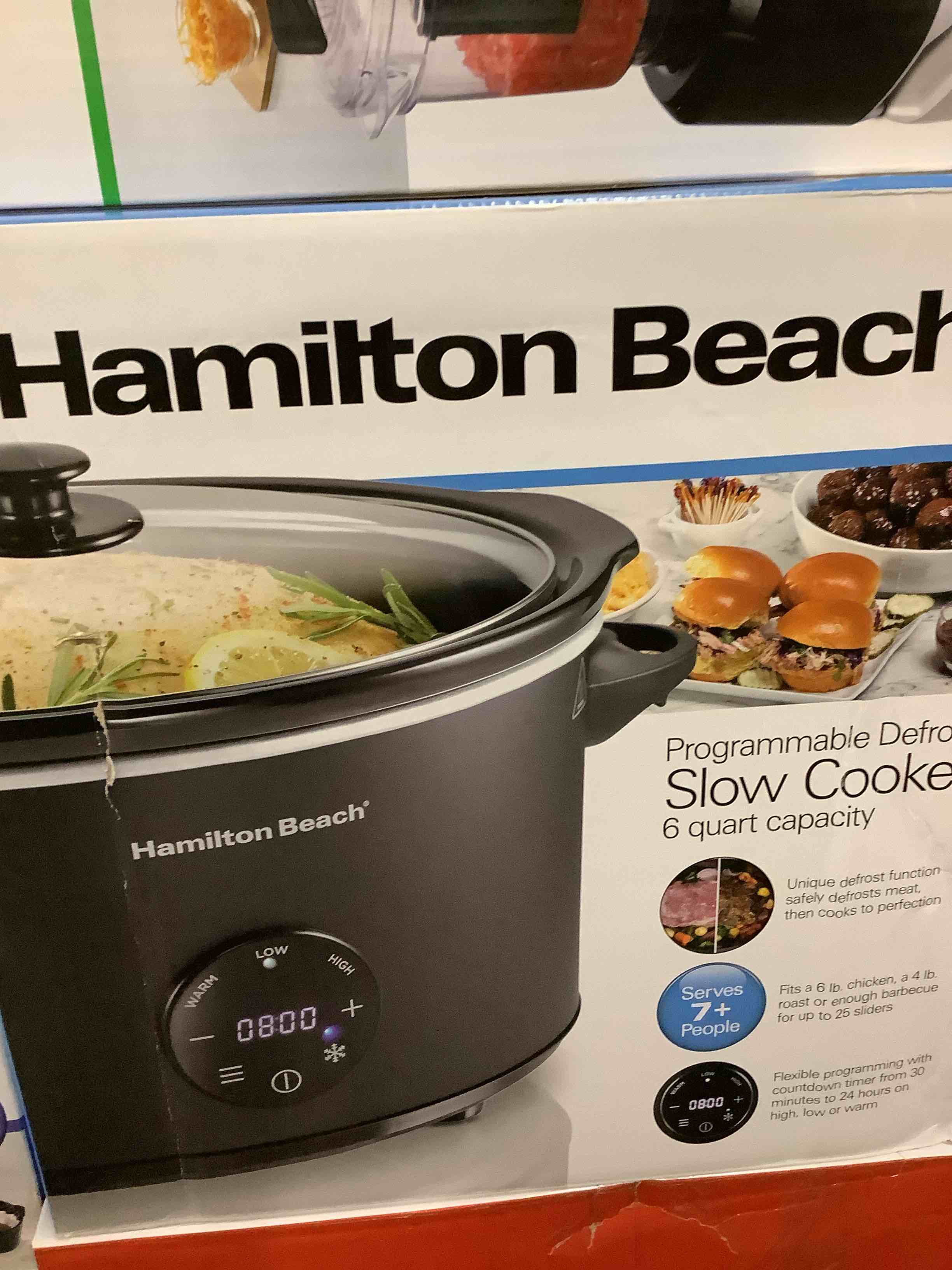 hamilton beach 6 quart set & forget programmable slow cooker with defrost function, flexible programming with adjustable countdown timer, dishwasher safe crock and lid, black (33765)