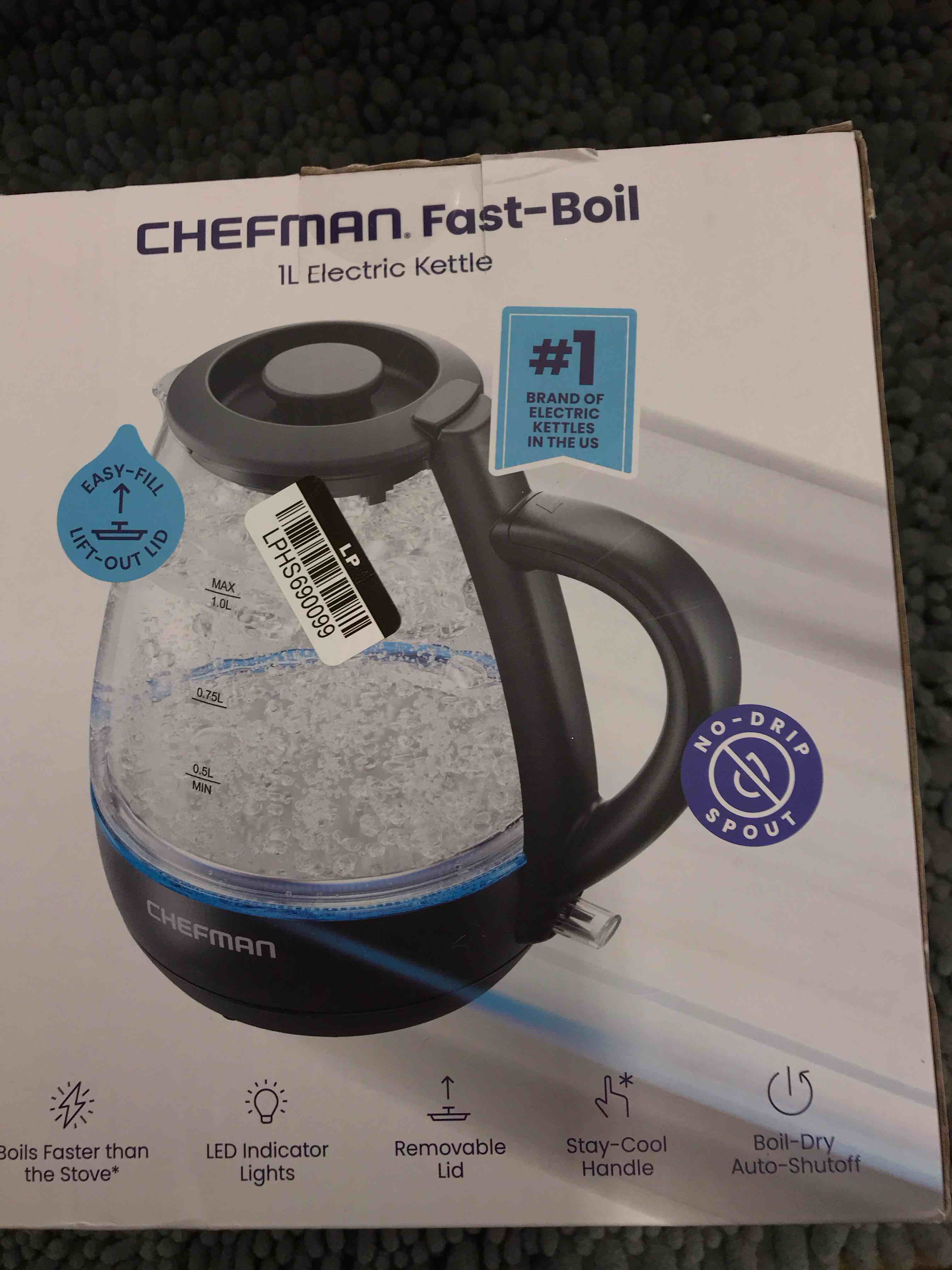 Chefman 1L Electric Glass Kettle w/ LED Indicator Light  Automatic Shutoff - Black  New