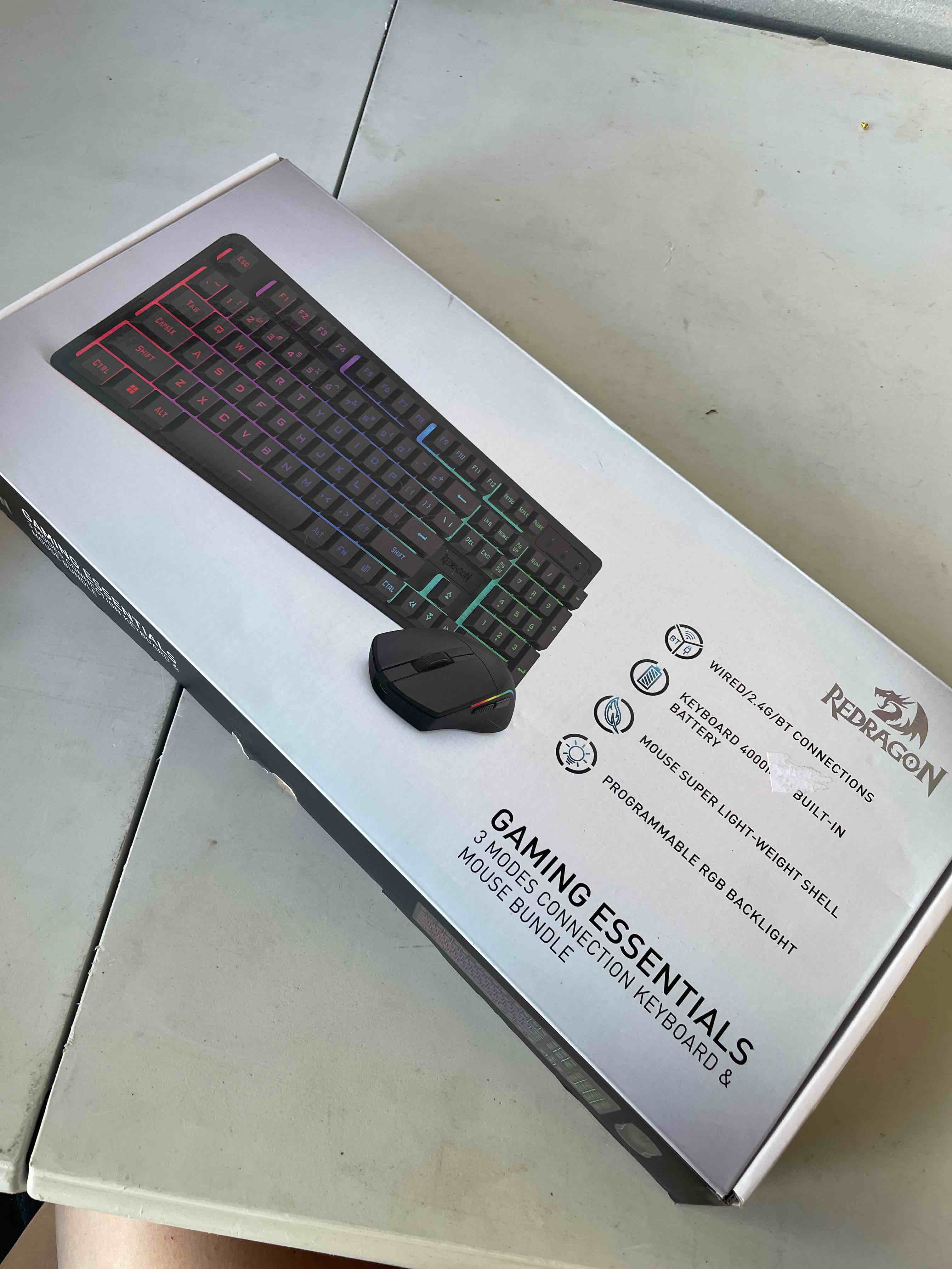 Condition photo showing Good Condition for redragon s107ks wireless gaming keyboard and mouse, rgb backlit, 3 mode (wired/2.4g/bt), up to 10,000 dpi gaming mouse with software, ultra lightweight 65g, 25 key anti-ghosting keyboard
