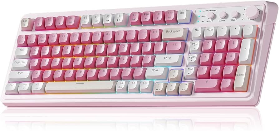 aula 99 key keyboard, wireless gaming keyboard bluetooth computer keyboards creamy cute with number pad rgb backlit tri-mode bt/2.4ghz/usb-c - pink