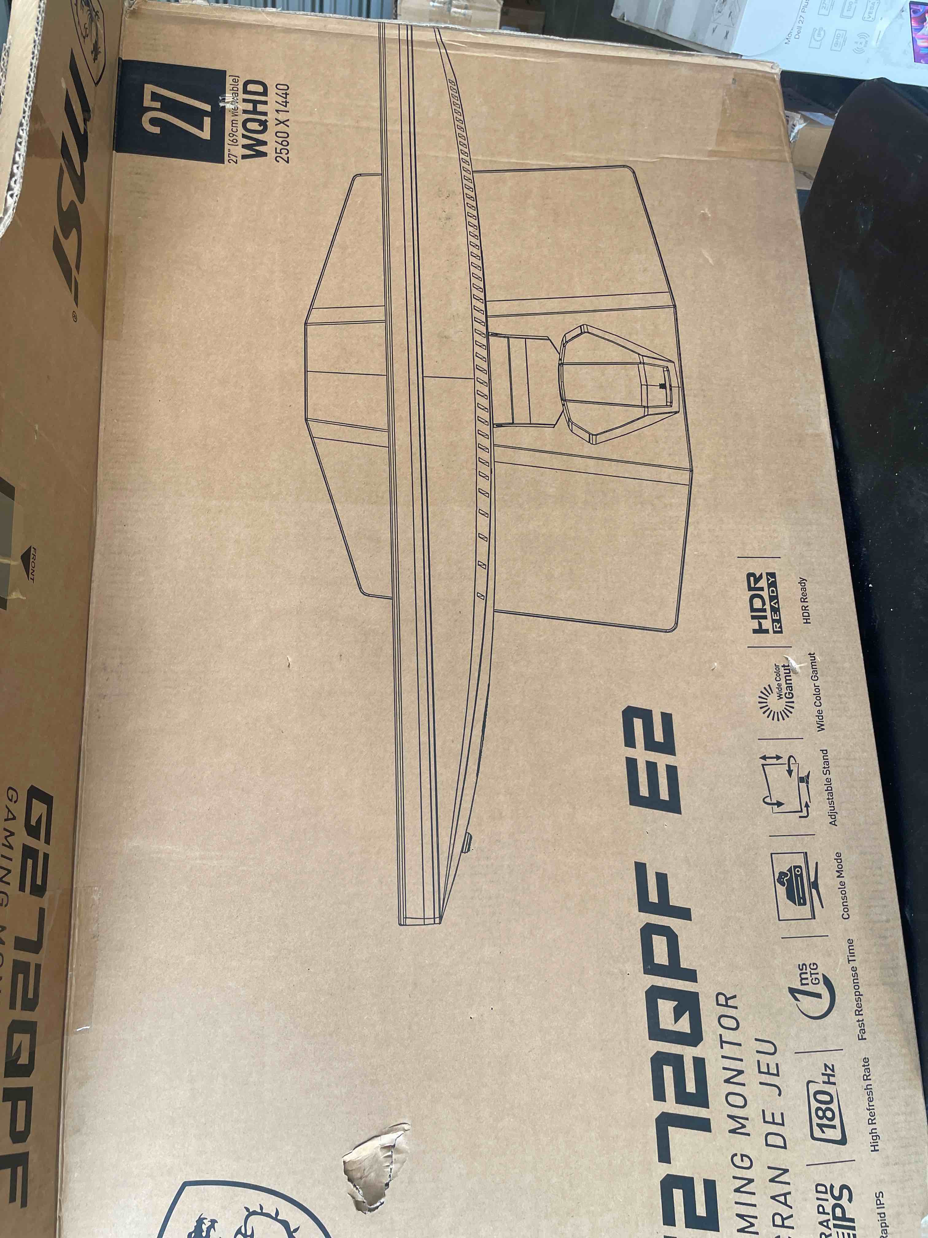 Condition photo showing As Is for msi g272qpf e2 27-inch 2560 x 1440 (qhd) computer monitor, 180hz, amd adaptive sync, hdmi, displayport, vesa, tilt, height adjustable, speaker, 1ms, black