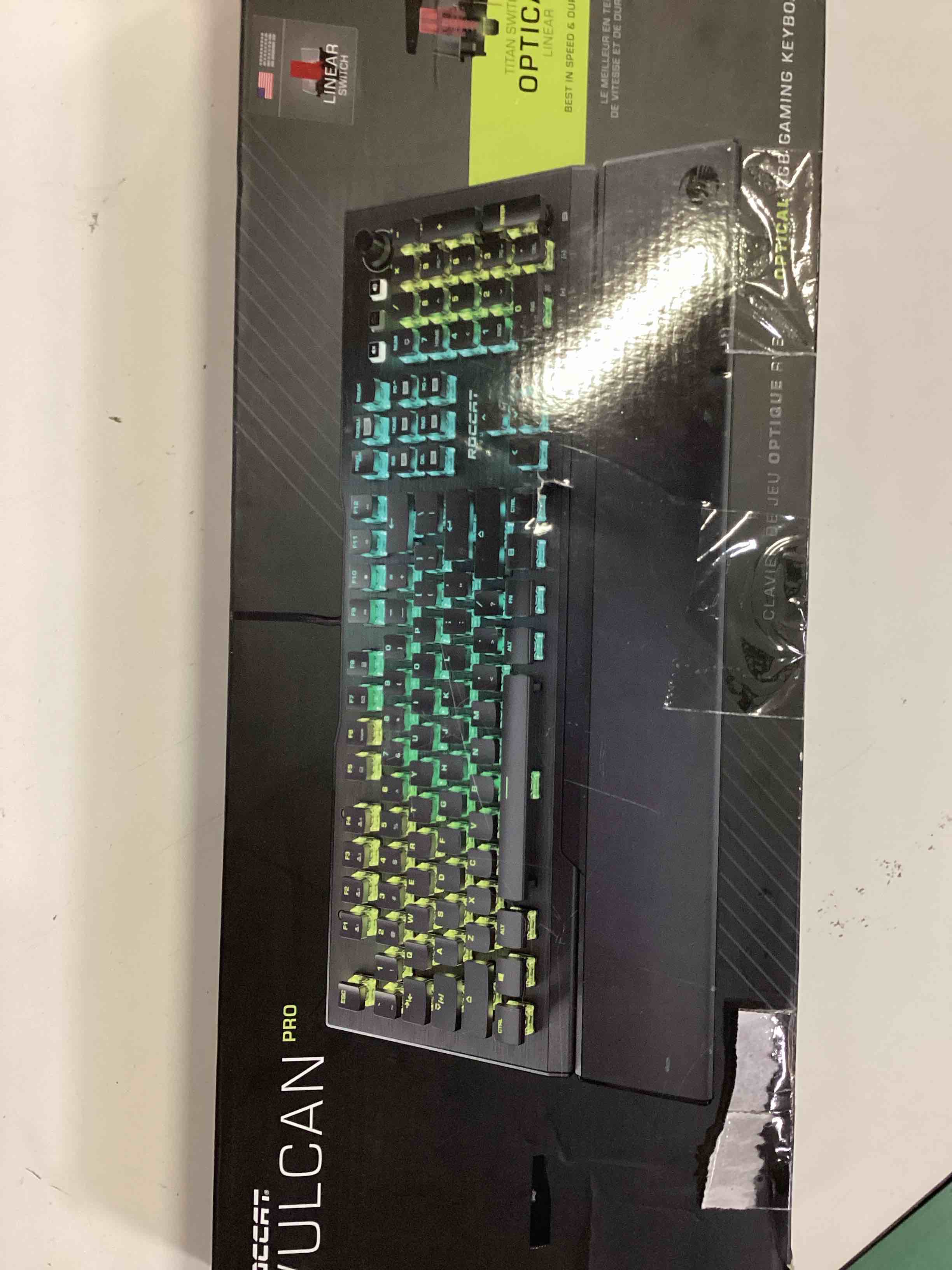 Condition photo showing As Is for roccat vulcan pro linear optical pc gaming keyboard, titan switch full size with per key aimo rgb lighting, anodized aluminum top plate and detachable palm/wrist rest, low profile, black
