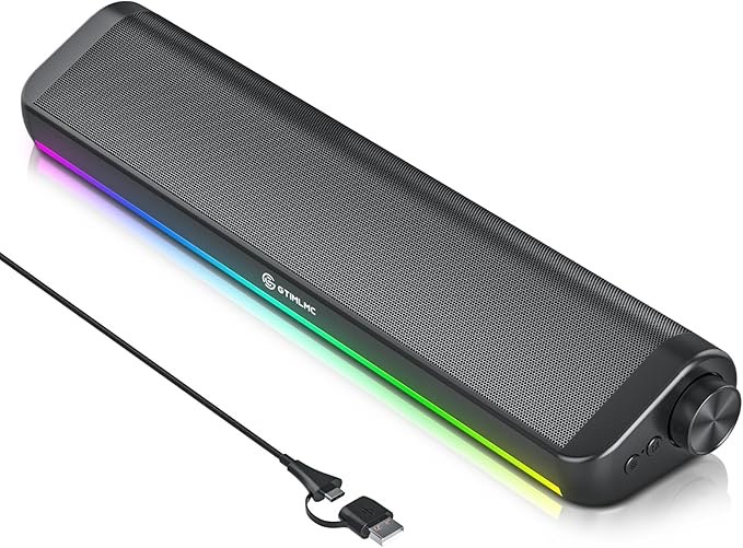 Computer Speakers for PC Desktop, 5 Dynamic RGB LED Light Modes, USB Wired Input, Easy-Control Knob, Stereo Gaming Soundbar for Laptop Monitor Sliver
