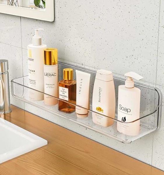 Acrylic Shower Shelves with Soap Dish & Toothbrush Holder, Clear Plastic Shower Caddy, Adhesive Bathroom Organizer Wall Mount, No Drill Installation 4 Pack