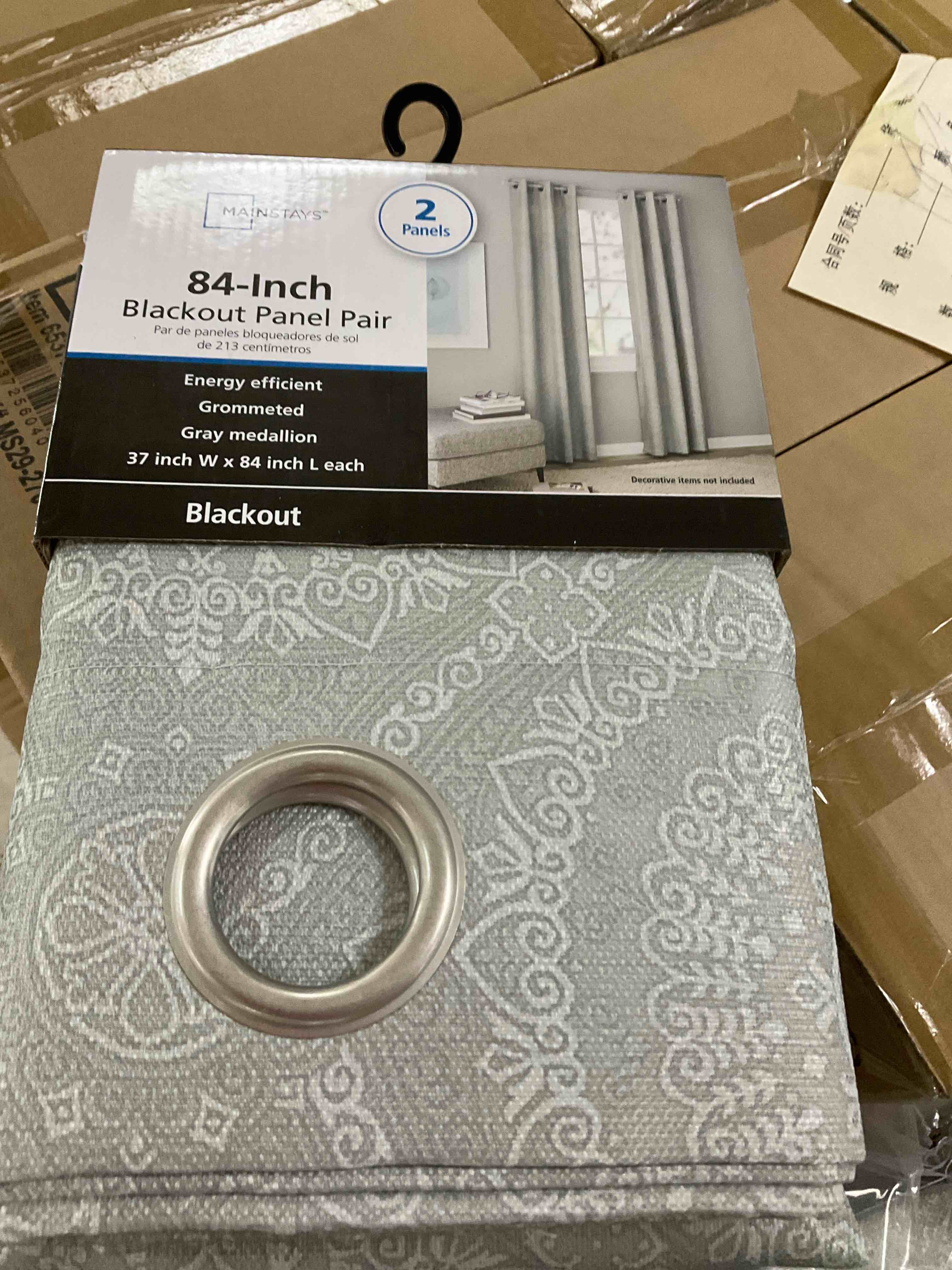 Mainstays Textured Print Blackout Grommet Curtain Panel Pair  Set of 2  Silver Medallion  37  W x 84  L