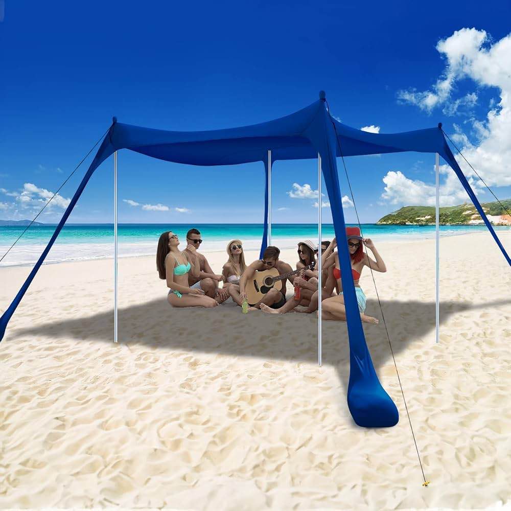 commouds beach tent sun shelter - upf50+ pop up beach canopy with sandbags & sand shovel & windproof poles, portable sun shade for beach, camping, picnics, backyard 