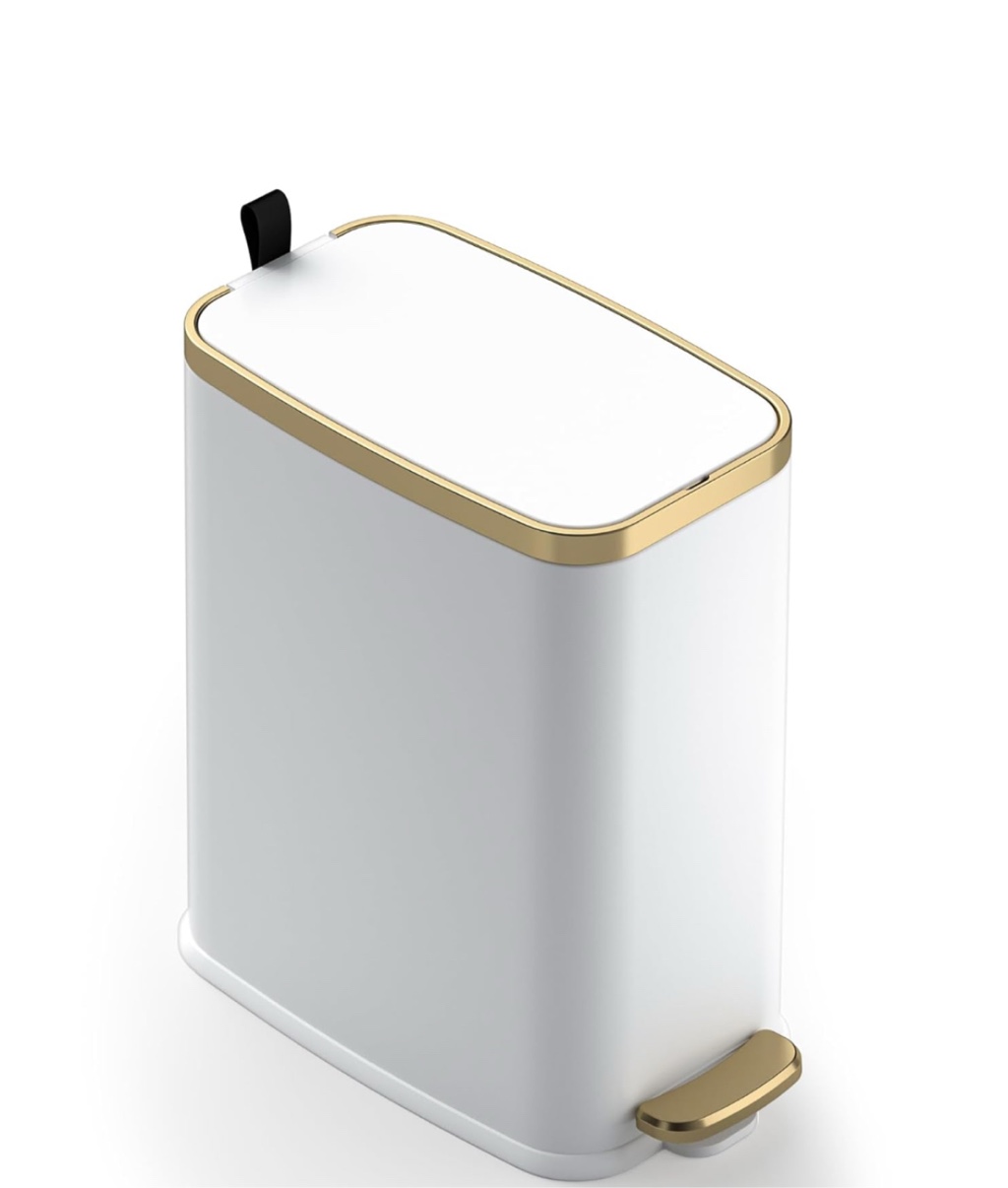 Small Bathroom Trash Can with Lid Soft Close-5L/1.3 Gal Slim Garbage Can-Metal Step Wastebasket-Rectangle Narrow Waste Bin for Office, Bedroom, Toilet, Live Room-White