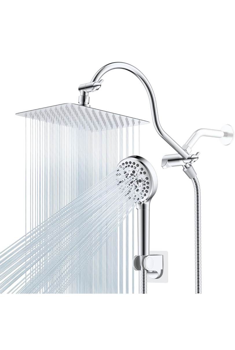Hibbent All Metal Shower Head, 10'' High Pressure Rainfall Shower Head/Handheld Showerhead Combo with 12'' Adjustable Curve Shower Extension Arm, 10 Sprays, 71'' Shower Hose, Showerhead Holder, Chrome