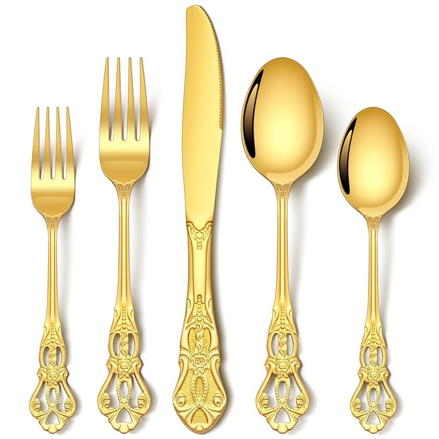Stapava 27 Pcs Retro Royal Gold Silverware Set, Stainless Steel Gold Utensils Cutlery Set for 6, Gorgeous Flatware Set Include Forks Spoons and Knives set, Dishwasher Safe, Mirror Polished