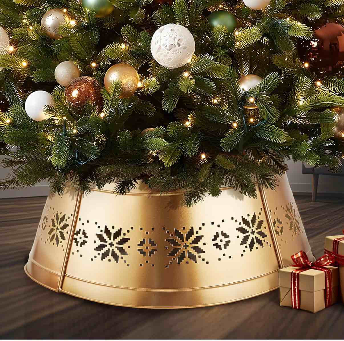 Christmas Tree Collar and Skirt Set - 23" Festive Holiday Decor with Gold Metal Tree Collar Base Stand - Ideal for Real or Artificial Trees - Christmas Skirt Tree Basket Decorations Gift Gold Snow