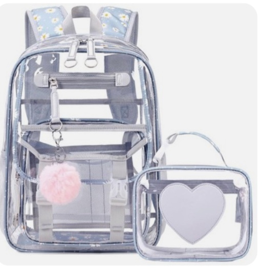 Girls Clear Backpack with Lunch Bag, Rainbow Cute Clear Bookbag Heavy Duty Stadium Approved Transparent See Through Backpack for Kids Middle High College School Sport Travel Grey
