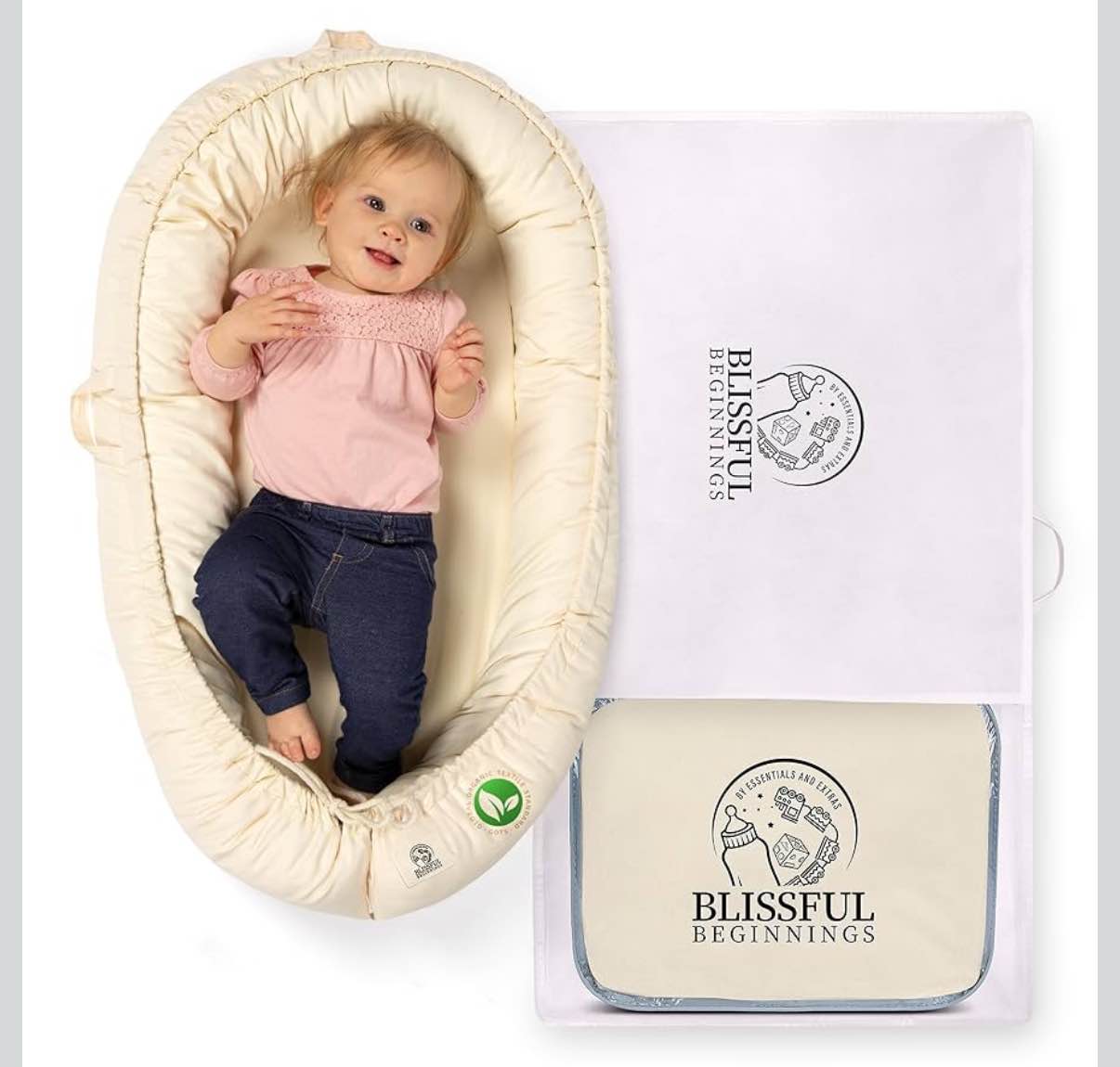 Blissful Beginnings Organic Baby Lounger with Travel Bag- Adjustable Lounger for 12-24 Months Babies - Breathable & Portable Infant Lounger Pillow, Newborn Essentials Baby Nest Lounger