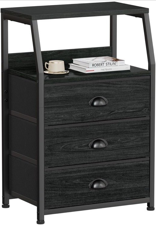 Furnulem Black Night Stand, Small Dresser for Bedroom, Nightstand with 3 Fabric Storage Drawers and 2-Tier Shelf, End Table Side Furniture for Closet, Hallway, Nursery, Sturdy Steel Frame, Wood Top