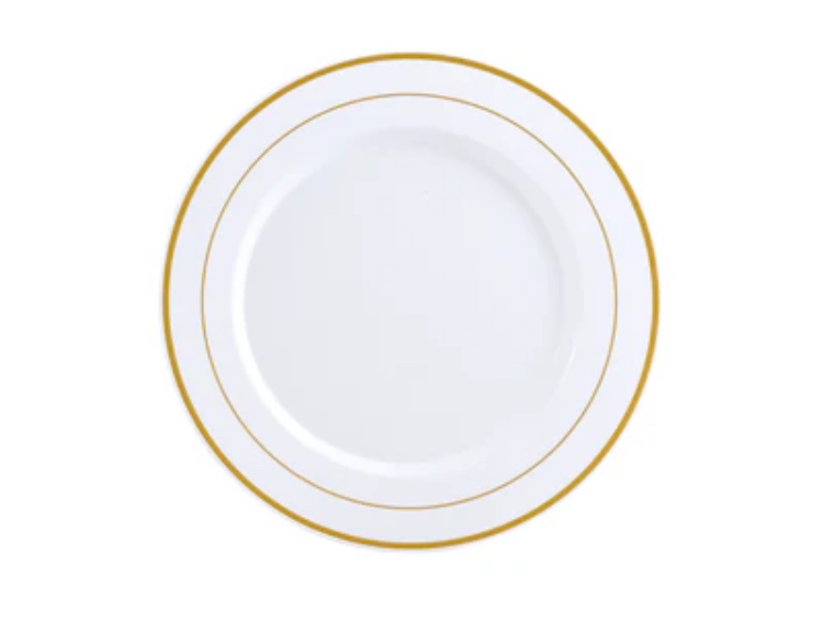 10in White with Gold Rim Elegant Plastic Plates - Party & Wedding - Jolly Chef