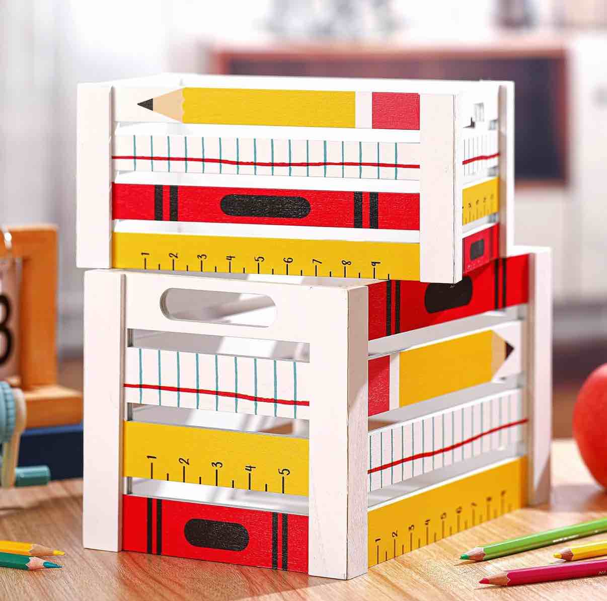 Weysat 3 Pcs Desk Organizer Wooden Crayon Organizer and Storage Multi-Functional Pencil Holder for Students Teachers Classroom Office Management Tools Back to School Gift