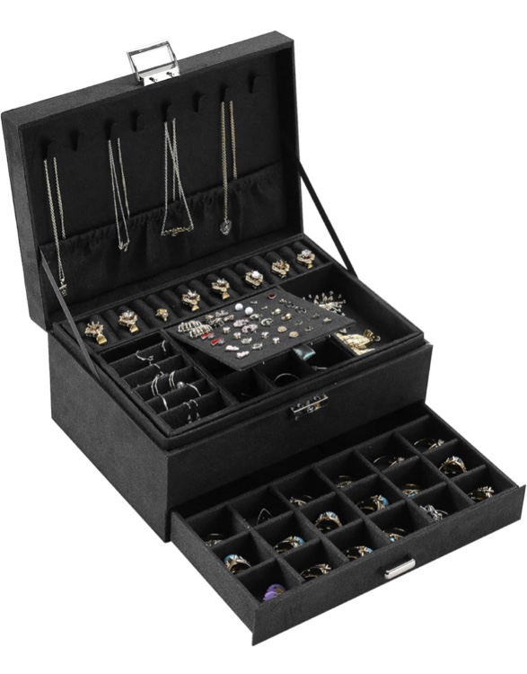 Women Jewelry Organizer Box, 3-Layer Velvet Jewelry Boxes Display Storage Case with Lock for Rings Necklace Earrings (Black), ZUZ002B