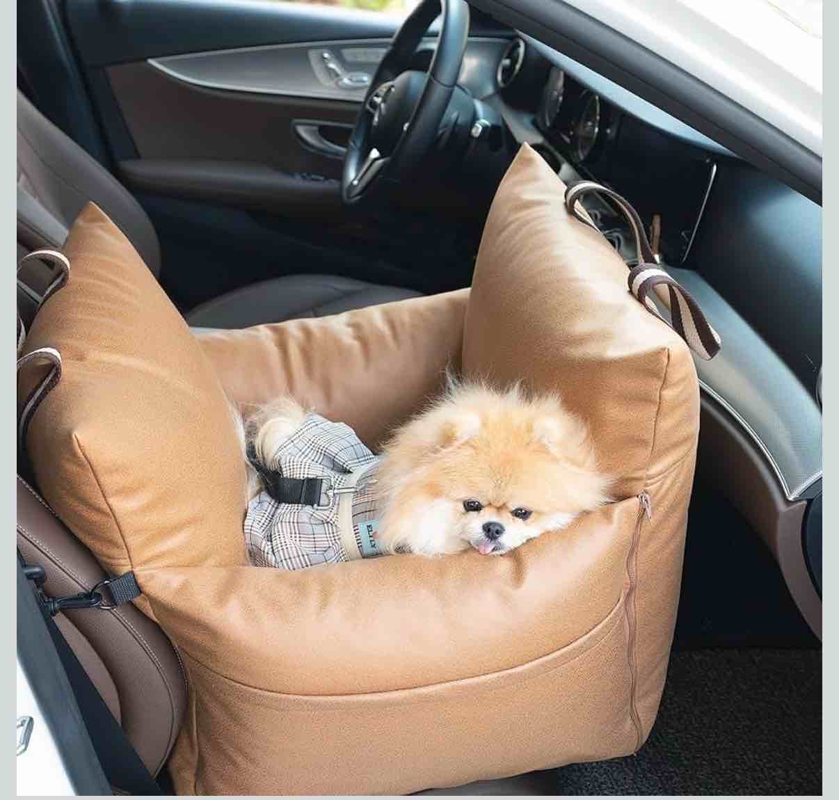 Premium PU Dog Car Seat & Bed, Travel Bed & Carrier for Small Dogs and Cats, Waterproof Dog Booster Seat for Front & Back Seat (Mocha, Without Sunshade)
