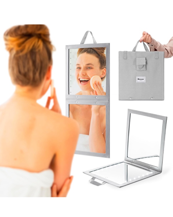 BRÜUN Backstage Hanging Mirror 25" x 11.4" Inches for Dance Bag with Dimmable LED Lights for Focused Glow – A Grey Colored Foldable Mirror for Dancers and Artists with Touch Sensitive Power Button