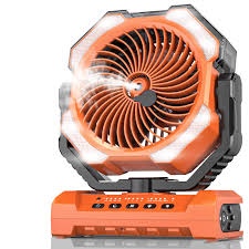 RAZZMAPortable Misting Fan, Camping Fans with Remote, 24000mAh Rechargeable Battery Cooling Fan for Outdoors Patios, Rechargeable Fans 270° Adjustable, Hanging & Lighting for Outdoor Indoor cooling, Orange