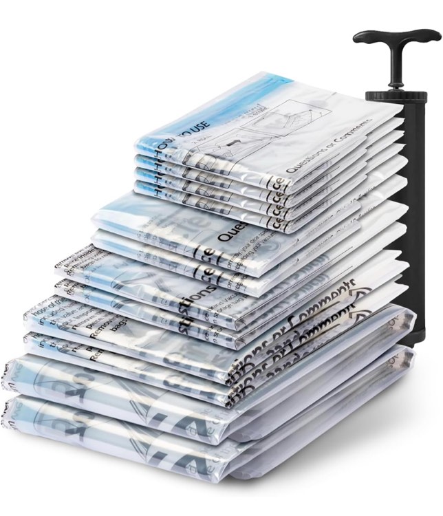 Vacuum Seal Bags for Clothing Travel, 12 Combo - Space Saver Vacuum Storage Bags, Blanket & Clothes Storage Bags Vacuum Sealed – Hand Pump Included, Bolsas Para Guardar Ropa Al Vacío 