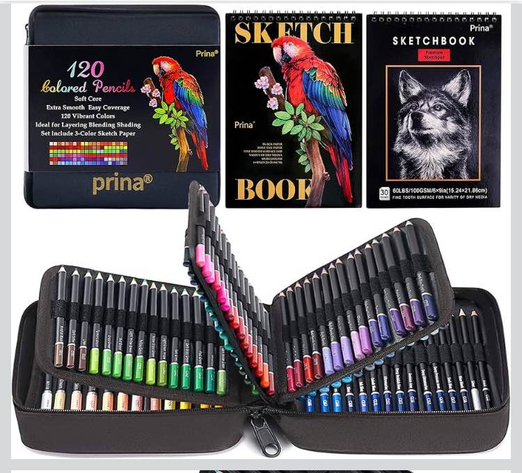 prina art supplies 120 colors colored pencils set for adults coloring books with sketchbook, professional vibrant artists coloring pencils for drawing sketching blending shading, soft core oil based
