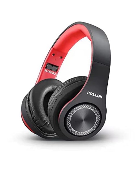Bluetooth Headphones Wireless, pollini 40H Playtime Foldable Over Ear Headphones with Microphone, Deep Bass Stereo Headset with Soft Memory-Protein Earmuffs for iPhone/Android Cell Phone/PC(Black-Red)