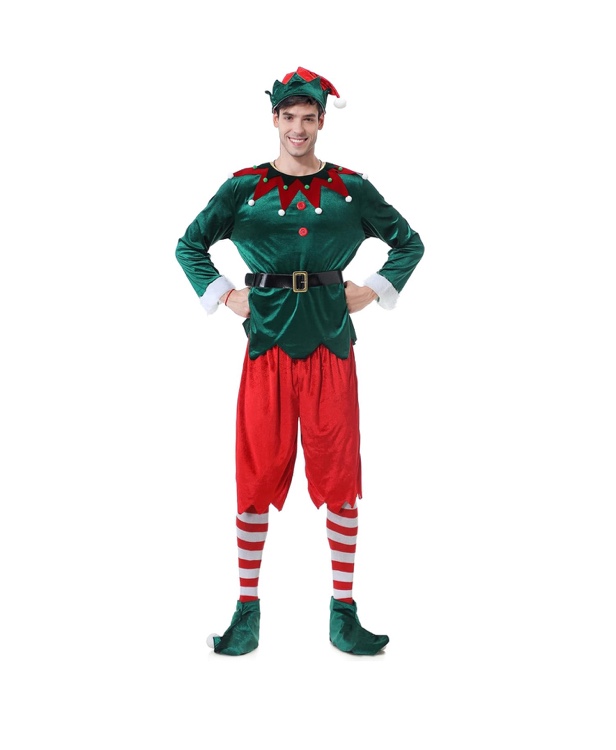 Elf Costume for Mens Adults Christmas Costumes Red and Green Santa Helper Xmas Outfit with Belt Hat Holidays Party