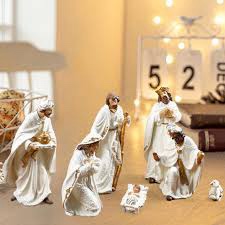 Fonder Mols Nativity Resin Sets Holy Family Statue for Christmas Tabletop Decoration Set of 7 Large