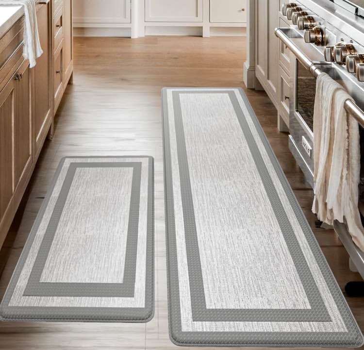 Anti-Fatigue Kitchen Mat Set 2-Piece Memory Foam Cushioned Mats for Standing Fabric Grey, 18×30 & 18×60, 0.4 in Thick, Waterproof, Non-Slip Homergy