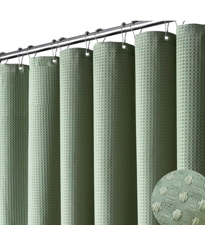 dynamene sage green shower curtain - waffle textured heavy duty thick fabric shower curtains for bathroom, 256gsm luxury weighted polyester cloth bath curtain