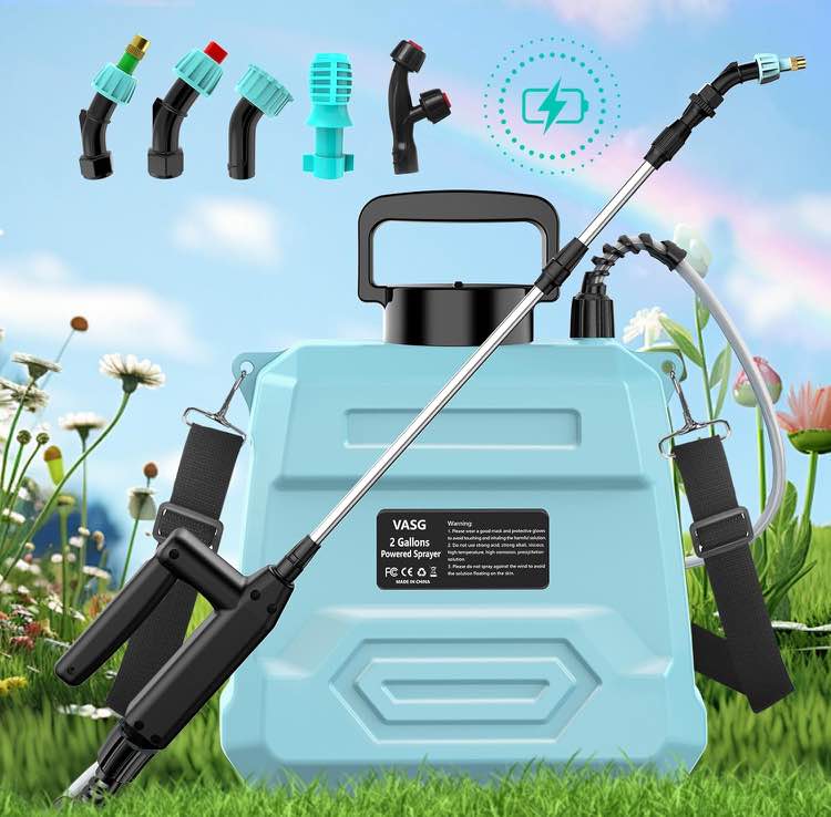 2 Gallon Battery Powered Garden Sprayer, 7.4V Powerful Electric Backpack Sprayer, Weed Yard Lawn Sprayer with 5 Mist Nozzles & Retractable Wand & Adjustable Strap for Lawn, Garden, Yard