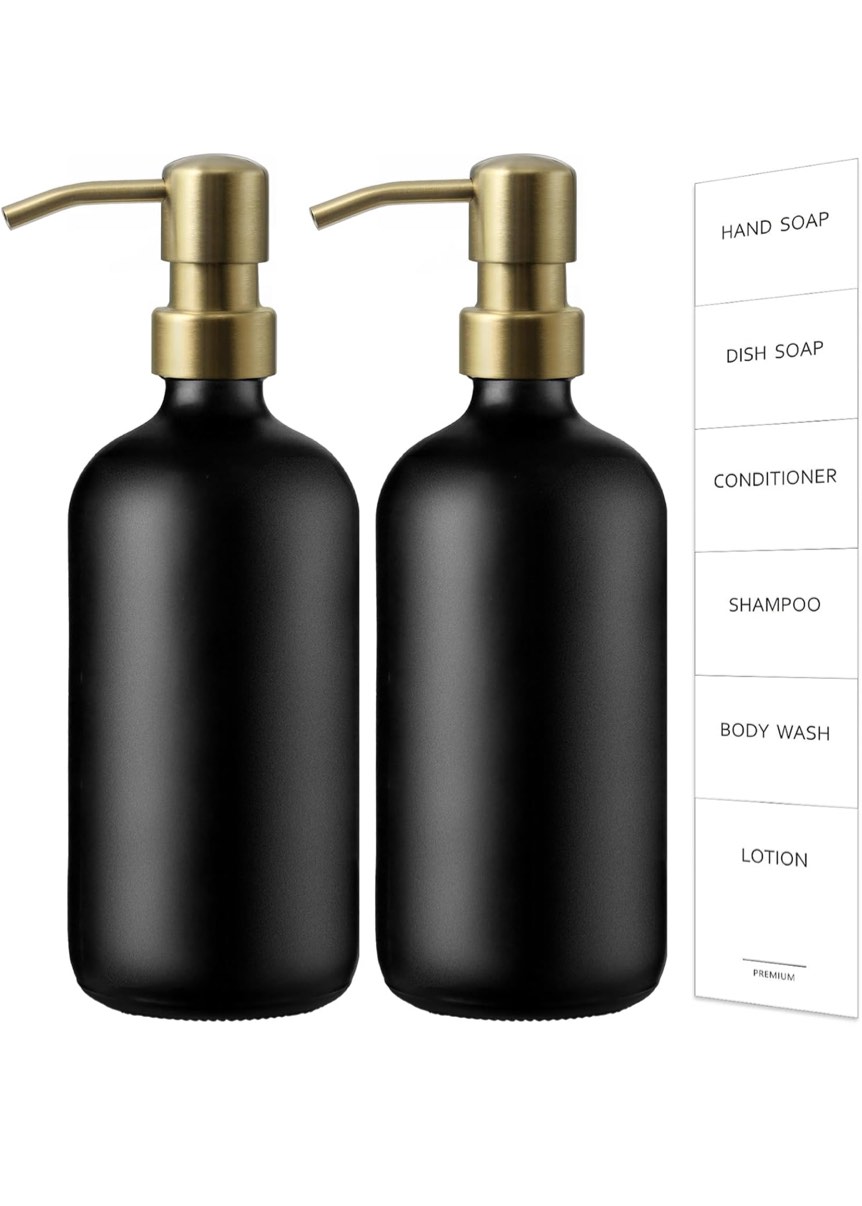 Gold Soap Dispenser, 2 Pack Matte Black Glass Bathroom Hand Soap Dispenser with Rustproof Golden Pump, Wooden Base, 17 Fl Oz Kitchen Hand and Dish Soap Dispensers Set, Modern Liquid Soap Lotion Bottle