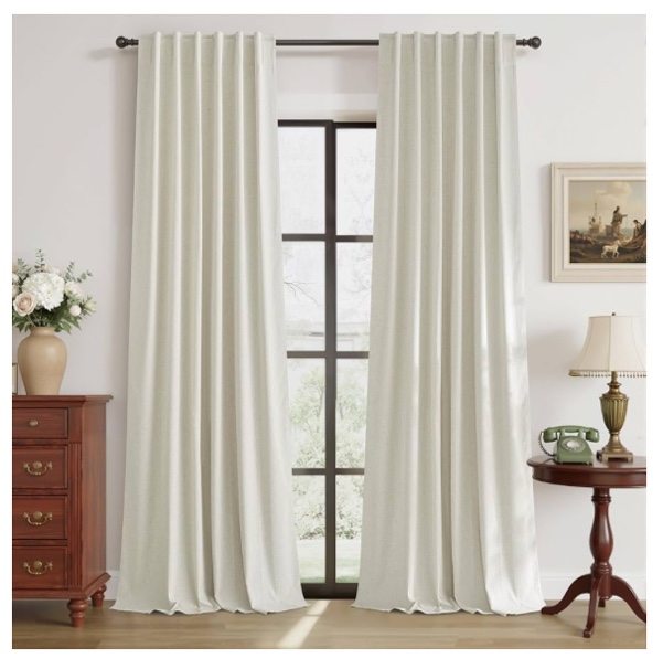 RYB HOME 100 Percent Blackout Curtains Natural Linen Blended, Thermal Insulated Room Darkening Window Treatment with White Liner Classy Home Decor for Living Room Nursery, Natural, W52 x L95 inch, 2 Panels