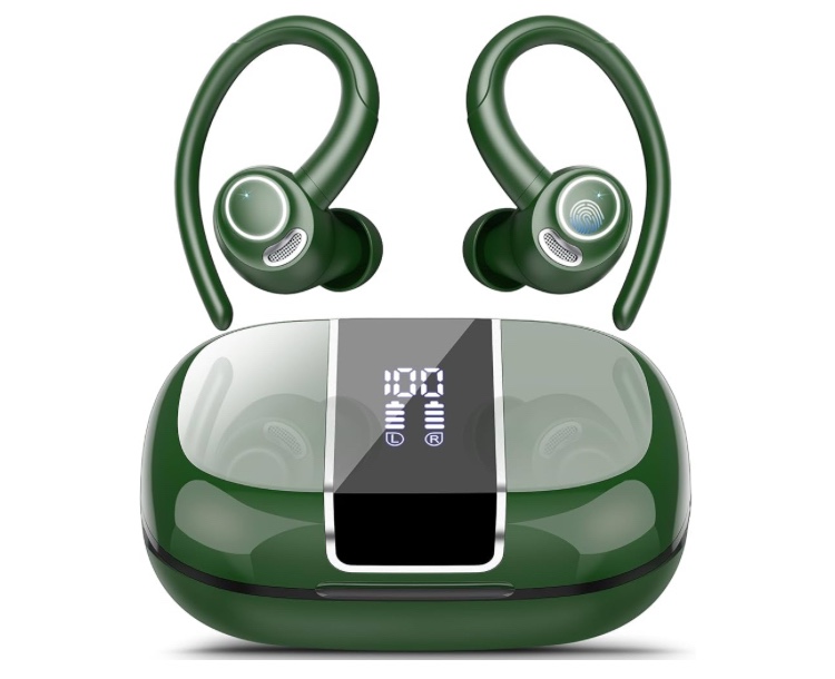 Powers on. Wireless Earbuds Bluetooth 5.3 Headphones Sports, 48Hrs Playtime Bluetooth Earbuds with CVC 8.0 Mic, Stereo Bass Over Ear Bud with Earhooks, LED Display, IP7 Waterproof Earphon for Running Green