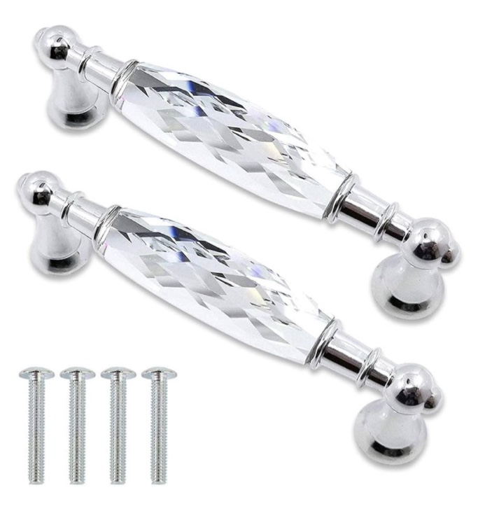 2-Pack 3.78in Glass Dresser Drawer Handles/Clear Pulls Knob Chrome Metal/Silver Modern Crystal Cupboard Cabinet Handle Pull Knobs 96mm (2, 3.78in Hole Center Style A)