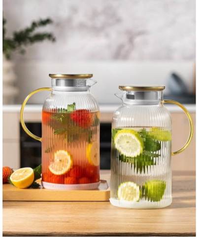 2 PACK Glass Pitcher with Lid, 67 oz/ 1.9 Liter Classic Vertical Stripes Water Pitcher, Anti-Slip and Easy to Clean, Water Jug for Cold Brew, Fridge, Iced Tea, Coffee, Beverage, Juice, Clear